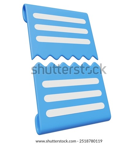 3D rendering illustration of blue split bill paper icon logo on isolated white background