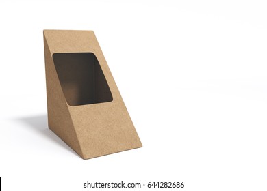 3D Rendering : Illustration Of Brown Cardboard Triangle Box Packaging For Sandwich. Food. Isolated On White Background. Mock Up Template Ready For Your Design. Copy Space