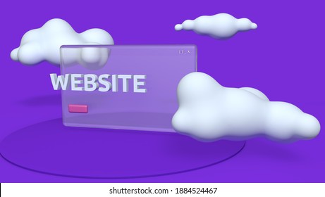 3d rendering illustration of a browser tab page opened with Web Design words in front of it, a colorful stage, clouds and a clean and isolated background