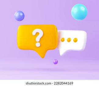 3d rendering illustration bubble chat icon question mark yellow. 3d question mark on speech bubble icons. FAQ symbol concept. Have a question, question answer sign. 3d rendering.