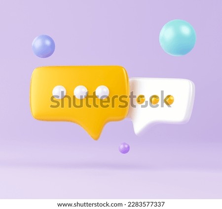 3d rendering illustration bubble chat icon mark yellow. Chat bubble icons isolated over purple background. Two bubble talk or comment sign symbol. Talk, dialogue, messenger or online support concept