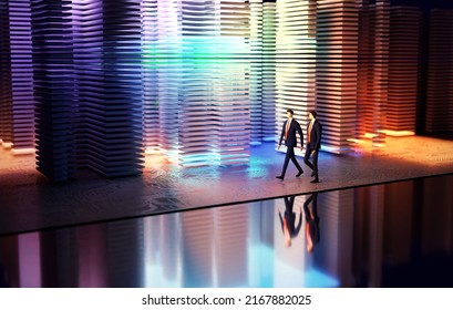 3D Rendering Illustration.  Business People  Walking In Modern Server Room With Neon Lights. Technology, Success, Internet, Data Protection And Personal Security Concept