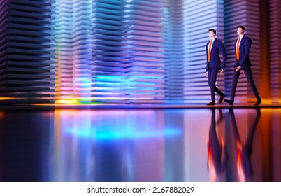 3D Rendering Illustration.  Business People  Walking In Modern Server Room With Neon Lights. Technology, Success, Internet, Data Protection And Personal Security Concept