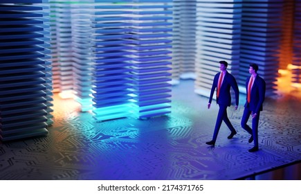 3D Rendering Illustration. Business People Walking In Modern Server Room With Neon Lights. Technology, Big Data, Success, Internet, Data Protection And Personal Security Concept
