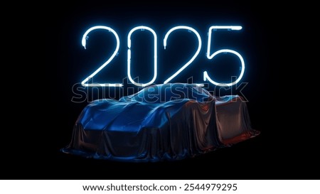 A 3D rendering illustration of a car concept covered under fabric with neon '2025' text in the background. Perfect for automotive and futuristic design themes.