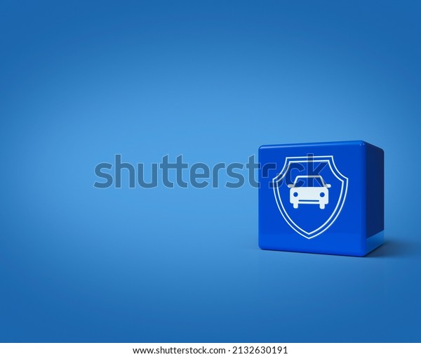 3d rendering, illustration of car with shield\
icon on block cubes on light blue background, Business automobile\
insurance concept