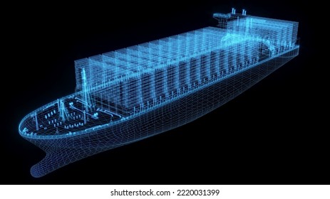 3D rendering illustration cargo ship blueprint glowing neon hologram futuristic show technology security for premium product business finance transportation 
