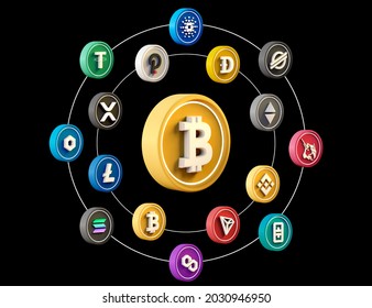 3d Rendering Illustration Of A Circle Around A Bitcoin Premium Crypto DeFi Coins Set On An Isolated Black Background