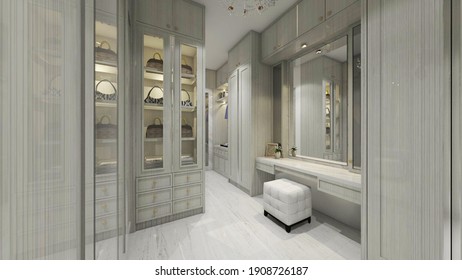 3d Rendering, 3d Illustration - Classic Walk In Closet Design With Wooden Material. There Is Wardrobe Clothes And Dressing Table Space. 