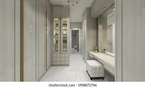 3d Rendering, 3d Illustration - Classic Walk In Closet Design. There Is Wardrobe With Wooden Material In European Style. 