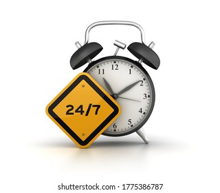 3D Rendering Illustration of Clock with 24/7 Road Sign