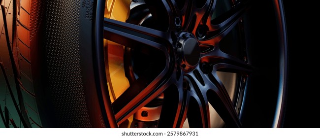 3D rendering illustration of a close-up view of a luxury alloy wheel with detailed brake disc, representing high-performance automotive design and engineering.