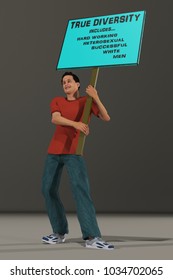 3d rendering of a 3d illustration containing a young man protester carrying a sign for diversity