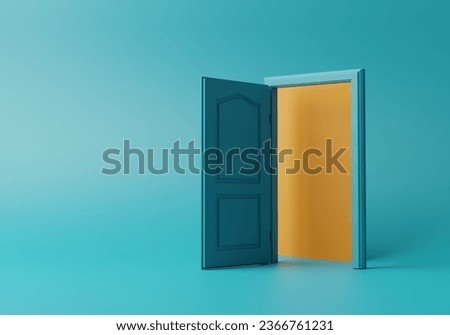 3d rendering illustration with copy space. Yellow light inside the open door, isolated on blue background. Room interior design element. Modern minimal concept. Opportunity metaphor.