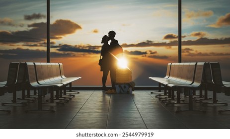 A 3D rendering illustration of a couple embracing at an airport terminal with a beautiful sunset backdrop, conveying travel and farewell emotions. Perfect for romantic and travel themes. - Powered by Shutterstock