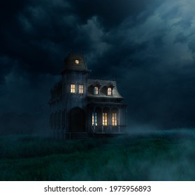 3D Rendering, Illustration Of A Creepy  Haunted Mansion On A Grass Field At Night. High Contrast Image