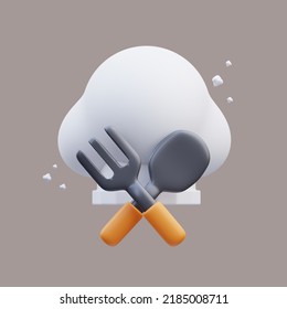 3d Rendering Illustration Of Cute Kitchen Tools Chef Hat With Fork And Spoon, Restaurant Mascot