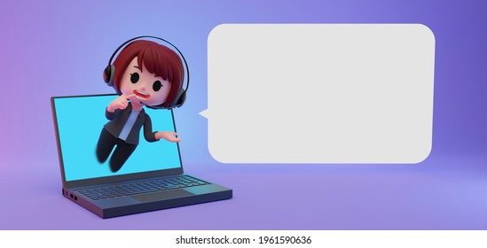 3d Rendering Illustration Of A Cute Operator, Call Center Characters Wearing Head Set Coming Out Of Notebook Pc, Tablet Pc