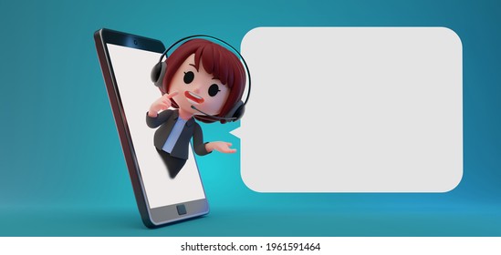 3d rendering illustration of a cute operator, call center characters wearing head set coming out of smartphone with blank speech bubble for your text