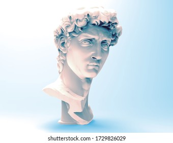 3D rendering illustration David of Michelangelo bust and facce sculpture in scary lighting mood isolated on bright background included with object clipping path