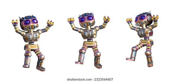 3D RENDERING ILLUSTRATION. DESIGN ABOUT ROBOT ACTION ART TOY CHARACTERS ISOLATED WHITE BACKGROUND.