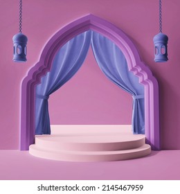 3d Rendering Illustration Design Composition Stairs Arabian Arc And Curtain Pink Purple Product Display Background Concept Instagram Post Islamic Eid Al Fitr Theme 