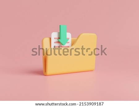3D rendering illustration of download folder icon isolated on pink background. Data storage, computer folder, Download Data, paper icon, arrow. File management concept. cartoon minimal style