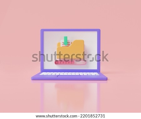 3D rendering illustration of download folder on laptop icon isolated on pink background. Data storage, computer folder, Download Data, Folder download, paper icon, arrow. File management concept.