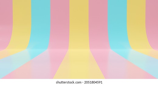 3d Rendering Illustration For Empty Table, Blank Backdrop, Banner Stand On Pastel Color. Line Cute Stripes Background Texture Pattern In Curve Studio Room. Creative Minimal Design.