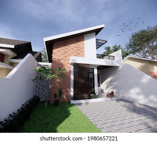 3D Rendering Or 3D Illustration Of Exterior House. Style Of The House Is A Modern Tropical Minimalist With A Little Bit Industrial. A Simple Concept Designed For Small Family.