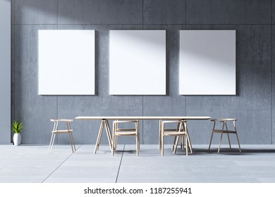 3D Rendering : Illustration Of Frame Hanging At Dining Room Concrete Cement Loft Style. Dining Wooden Table And Chair Against Concrete Cement Wall. Light And Shadow. Soft Light Color. Family Time