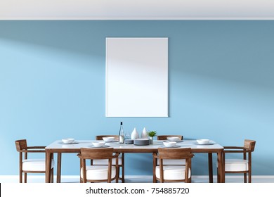 3D Rendering : illustration of a frame hanging at pastel color wall over dining table in dining room ceramic dish decoration on wood and marble table. soft light color. clipping path included.