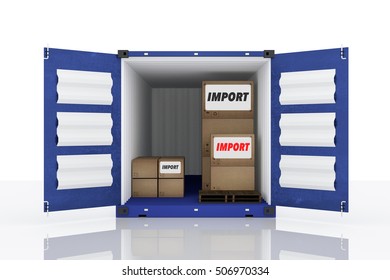3D rendering : illustration of front side open blue container with cardboard boxes inside the container.business import text.white isolate background.clipping path included