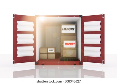 3D rendering : illustration of front side open blue container with cardboard boxes inside the container.business import text.white isolate background.flare effect added.business concept