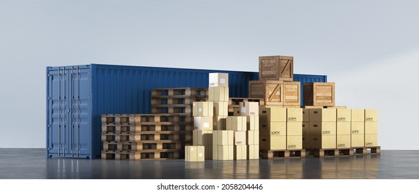 3d Rendering Illustration Of Goods Delivery System. Big Intermodal Steel Container And Wooden Pallet With Pile Of Cardboxes In Warehouse Room Waiting For Transportation.