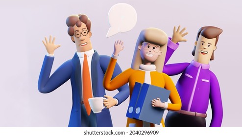 3D Rendering Illustration. Happy, Positive Business People Waving In Order To Say Hello, Ready To Make Business Together, To Help, To Sort Out Problems And Support In New Start Up. 