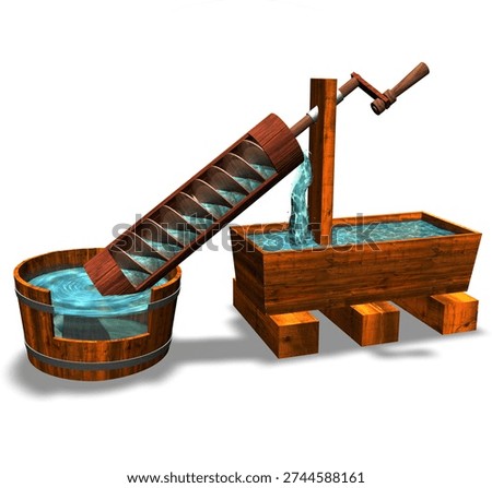 3D Rendering Illustration of a Helical screw Motor Prototype . Conceived and created in ancient Egypt and adapted by Greek physicist, engineer, inventor, astronomer, and mathematician Archimedes of Syracuse (3rd century BC) to raise water, flour, grain, or excavated material to higher altitudes. It consists of a cylinder placed on an inclined plane, which allows the object or fluid located below the axis of rotation to be lifted. From its invention to the present day, it has been used for pumping. Also known as an Archimedes screw due to its continuous circuit. It is a screw (a helical surface surrounding a cylinder) inside a tube. The device's rotational movement is achieved by a mill or by manual operation using a crank. Due to the screw's rotation, the underlying liquid rises along the surrounding helical surface. It was mainly used in irrigation systems and to extract water from mines or other inaccessible places. Studies show that the flow rate through Archimedes screws depends on the inlet depth, the screw diameter, and its rotational speed. Historically employ in irrigation systems, among other applications, Archimedes screws extract soil from the sea and pump water from the enclosed area, thus initiating the drainage process for agricultural activities. This ingenious device has endured and continues to be used in wastewater treatment plants, which must manage variable flow rates and suspended solids. They are also employed in grain elevators and snowplows. The same principle is applied in fish farms, where they are used to safely lift and transport fish, thus avoiding physical handling.