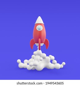 3d Rendering Illustration Icon Of Flying Rocket. Business Startup Concept. Modern Trendy Design. Blue, Red Colors. 