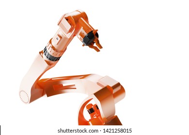 3D rendering - illustration of Industrial welding robots in robotic production line manufacturer factory - close view on white background