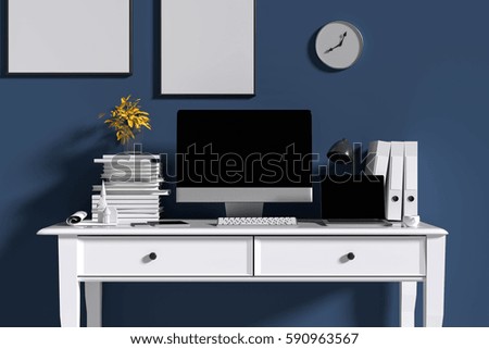 3D Rendering : illustration of interior Creative designer office desk with PC computer. laptops mock up working place of graphic design.light from outside. loft cement wall. clipping path included