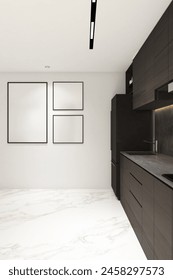 3d rendering illustration of interior design pantry with breaksfast table, chair and frame mock up. Light gray cabinet, white marble floor and white ceiling. Set 9