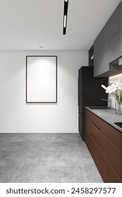 3d rendering illustration of interior design pantry with breaksfast table, chair and frame mock up. Light wood and gray duco cabinet, cement tile floor and white ceiling. Set 5