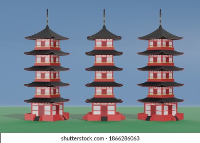 3d rendering illustration of Japanese pagoda in many positoion with natural background 