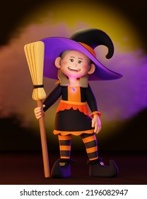 3D Rendering Illustration Of A Kid In A Witch's Costume And A Big Hat With A Broom At A Halloween Festival