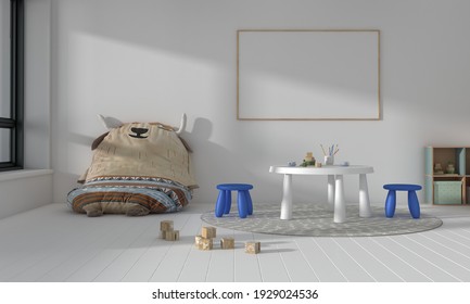 A 3D rendering illustration of a kids bedroom or nursery with an empty frame for your pictures