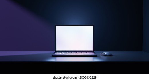 3D rendering illustration. Laptop computer with blank screen and color keyboard place table in the darkroom and blue lighting. Image for presentation.