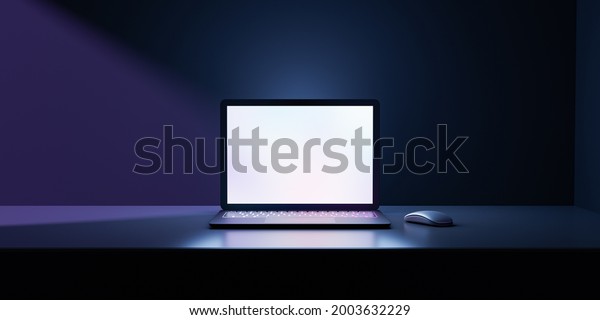 3D rendering illustration. Laptop computer\
with blank screen and color keyboard place table in the darkroom\
and blue lighting. Image for\
presentation.