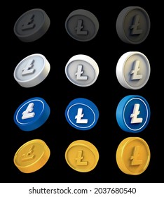 3d rendering illustration of Litecoin Cryptocurrency Crypto DeFi Coin with 3 different angles and 4 different skins colors on a black isolated background