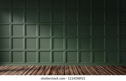 3d rendering illustration of living room with frosted dark green wooden wall panel and hardwood floor. Classic interior on sunny morning. Gorgeouos texture of squares.