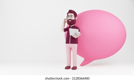 3D Rendering Illustration Man Talking on the Phone Mobile Client Freelancer Freedom Business Innovation Talent Individual Work From Home Anywhere Concept Conversation Meeting Online Comic Character